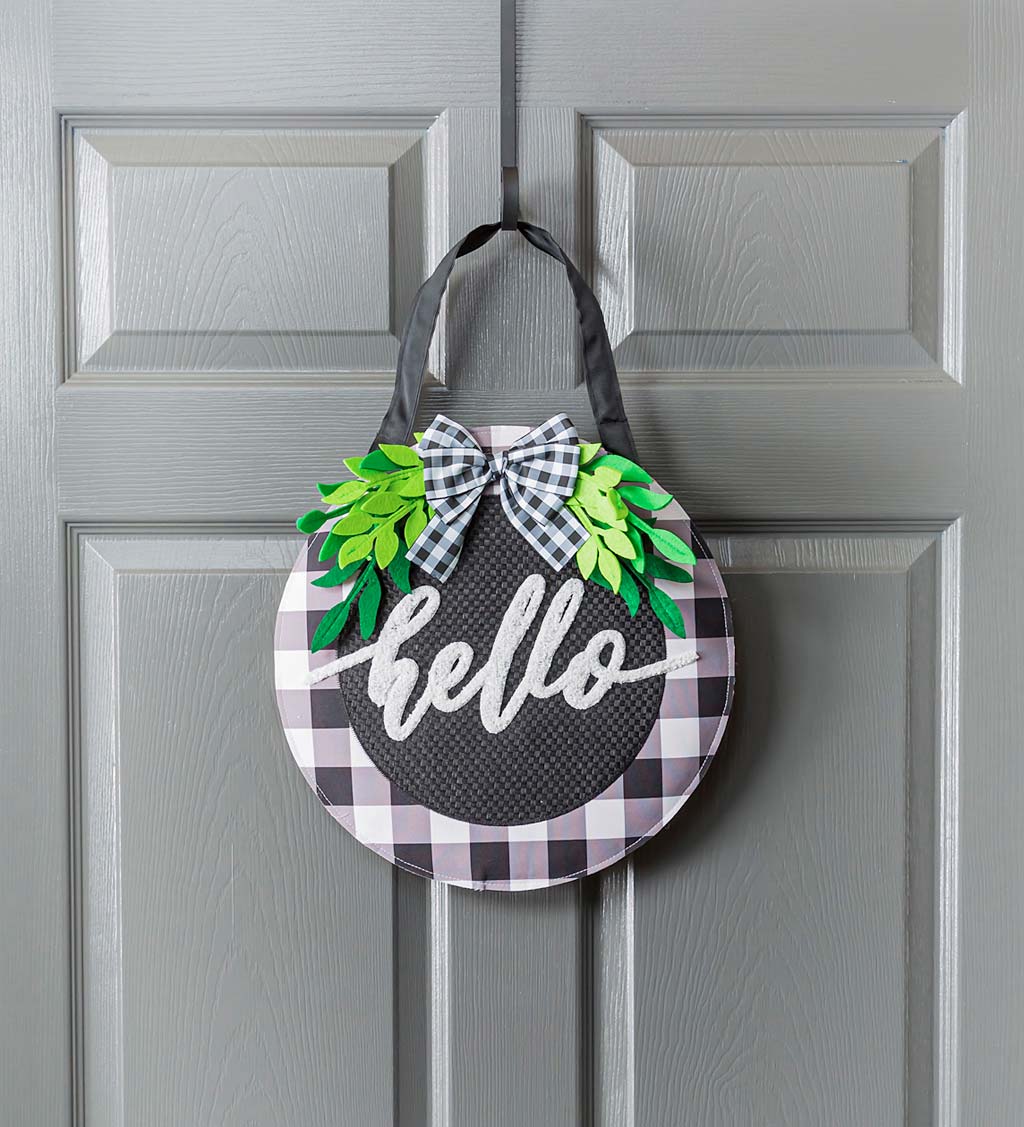 Buffalo Check Green Foliage Hello Hanging Door Décor