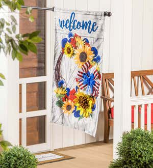 Patriotic Floral Wreath Burlap Welcome House Flag