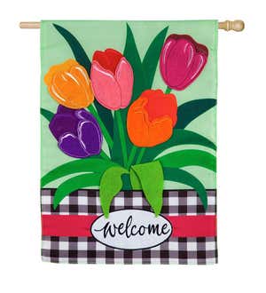 Welcome Spring Tulips Applique House Flag