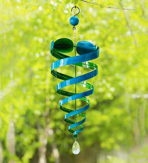 Hanging Blue and Green Conical Metal Wind Twirler with Crystal