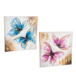 Hand-Painted Butterfly Canvas Watercolor Wall Art, Set of 2