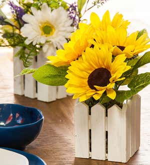 Sunflowers and Gerber Daisies in White Fence Pots, Set of 2