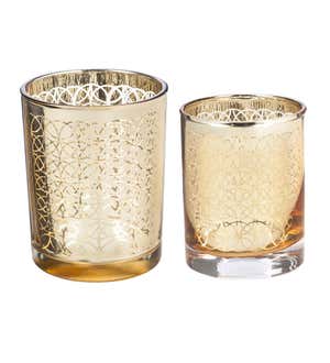 Glass Candle Holder with Golden Metallic Design, Set of 2