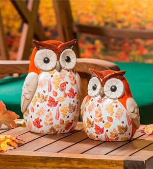 Ceramic Fall Harvest Owl Garden Statuary, Set of 2