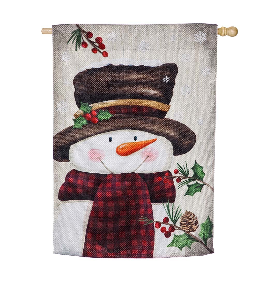 Smiling Snowman With Buffalo Plaid Scarf Textured Suede House Flag