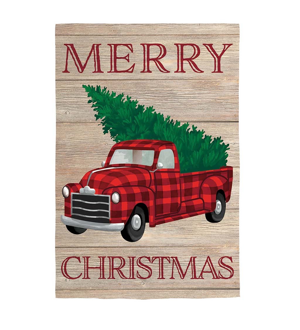 Merry Christmas Plaid Truck and Tree Linen House Flag
