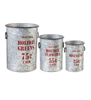 Galvanized Tree Farm Holiday Planters with Handles, Set of 3