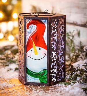 Hand-Painted Holiday Snowman Embossed Glass Solar Lantern