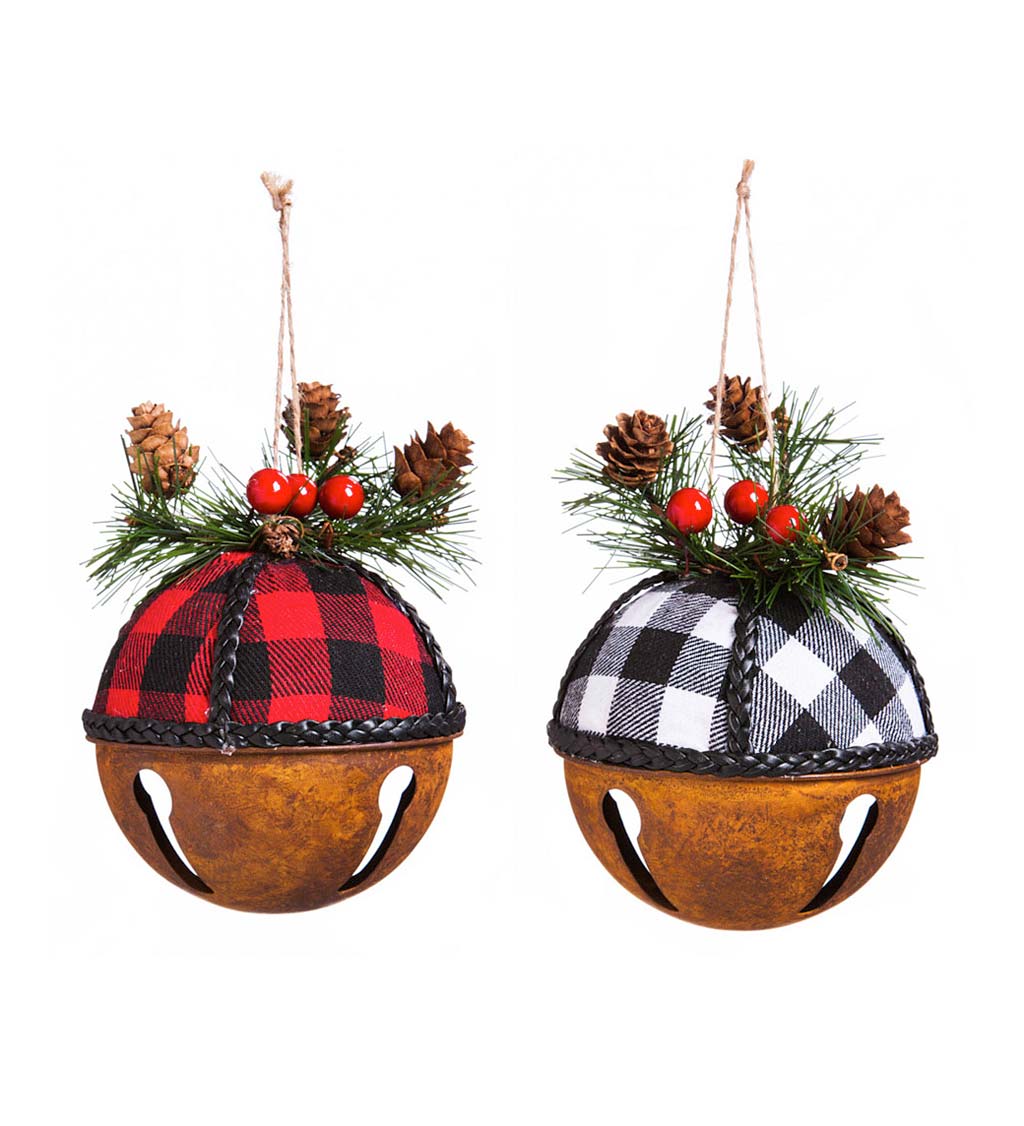 Buffalo Plaid Jingle Bell Christmas Tree Ornaments, Set of 2