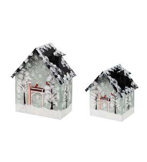 Lighted Glass Houses with Winter Scene Decor, Set of 2