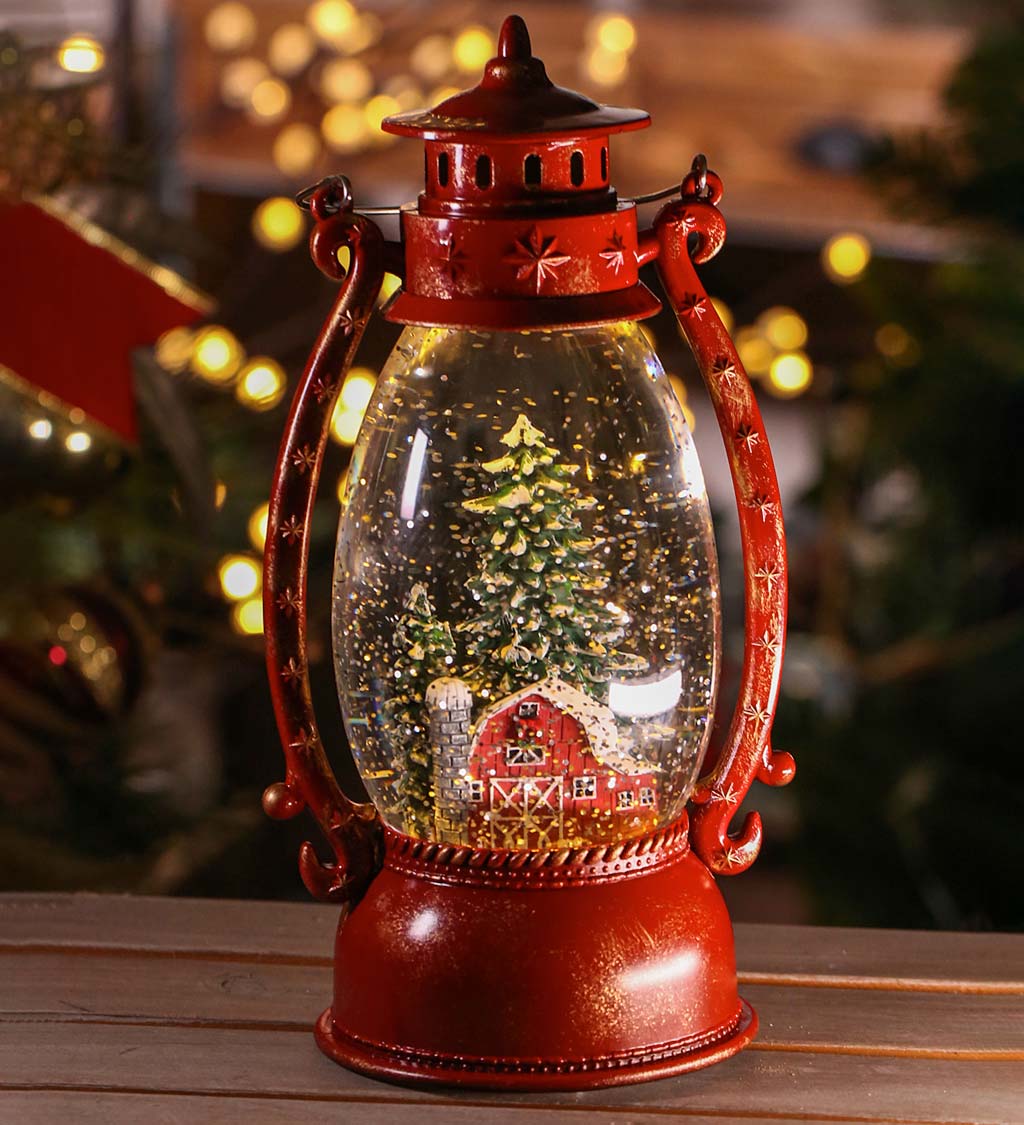 Lighted Holiday Farmhouse Snow Globe Vintage Lantern