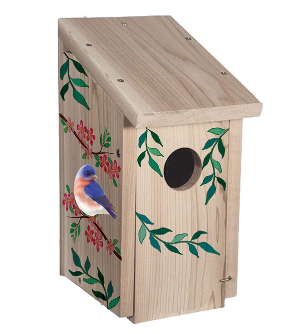 Wooden Birdhouse with Bluebird and Red Flowers