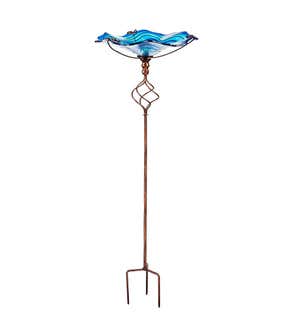 Blue Swirl Glass Bird Bath with Garden Stake