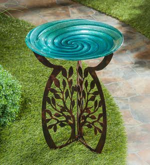 Glass Birdbath with Laser Cut Tree of Life Stand