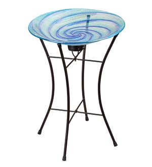 Blue Swirl Glass Bird Bath with Solar Stand