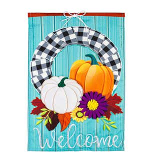 Fall Wreath and Buffalo Check Linen Garden Flag