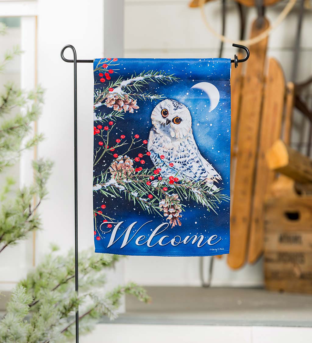 Owl’s Winter Greeting Suede Garden Flag