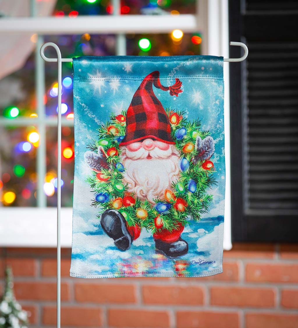 Gnome with a Christmas Wreath Lustre Garden Flag