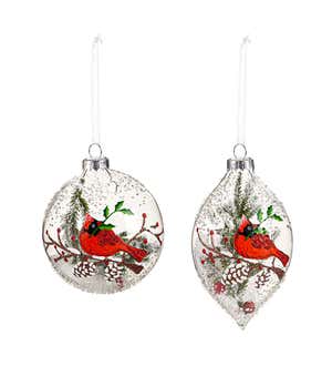 Glass Cardinal and Snow Christmas Tree Ornaments, Set of 2