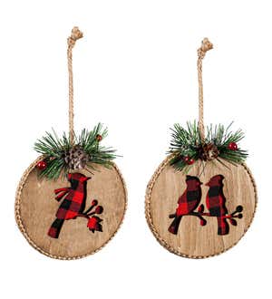 Plaid and Pine Cardinal Ornaments, Set of 2