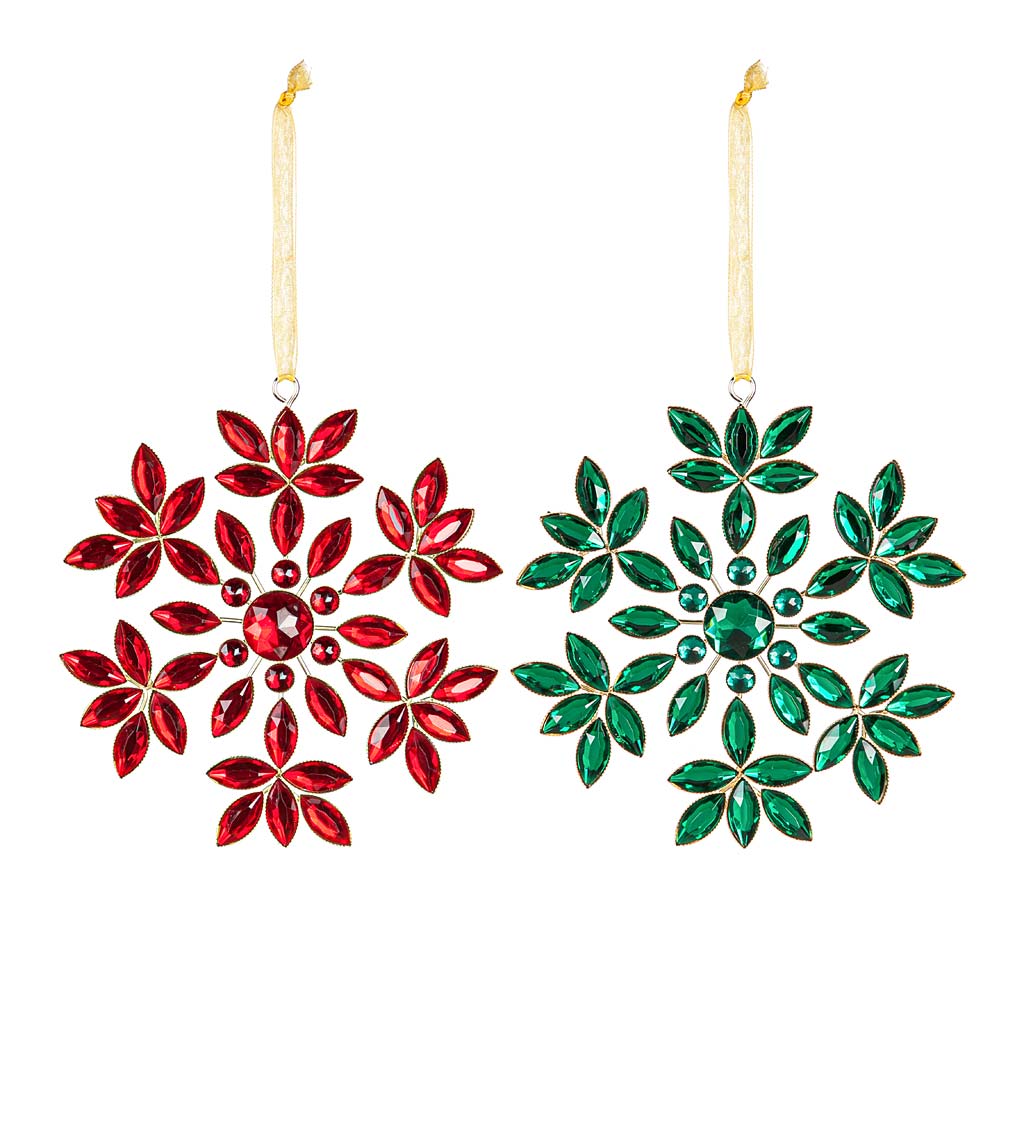 Red and Green Gemstone Snowflake Christmas Tree Ornaments, Set of 2