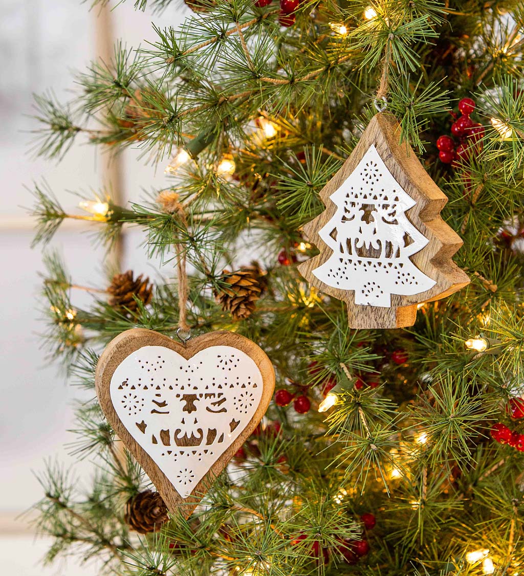 Wood and Metal Cutout Christmas Tree Ornaments, Set of 2