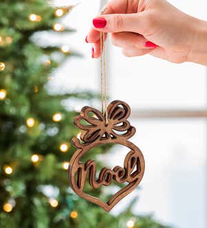 Stained Wood Noel and Love Script Christmas Tree Ornaments, Set of 2