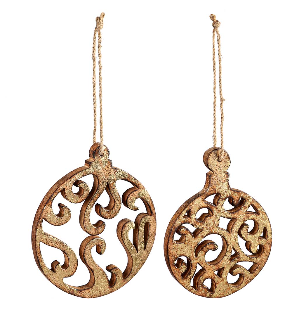 Round Wooden Filigree Christmas Tree Ornaments, Set of 2