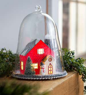 Lighted Snowman Village in Glass Cloche