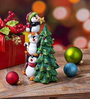 Stacked Penguins and Christmas Tree Figurine