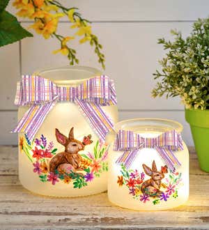 Lighted Glass Jar with Springtime Bunny Scene, Set of 2