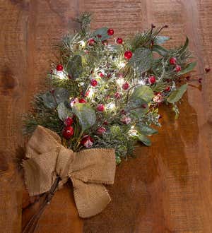 Lighted Berries and Eucalyptus Swag with Burlap Bow and Bells