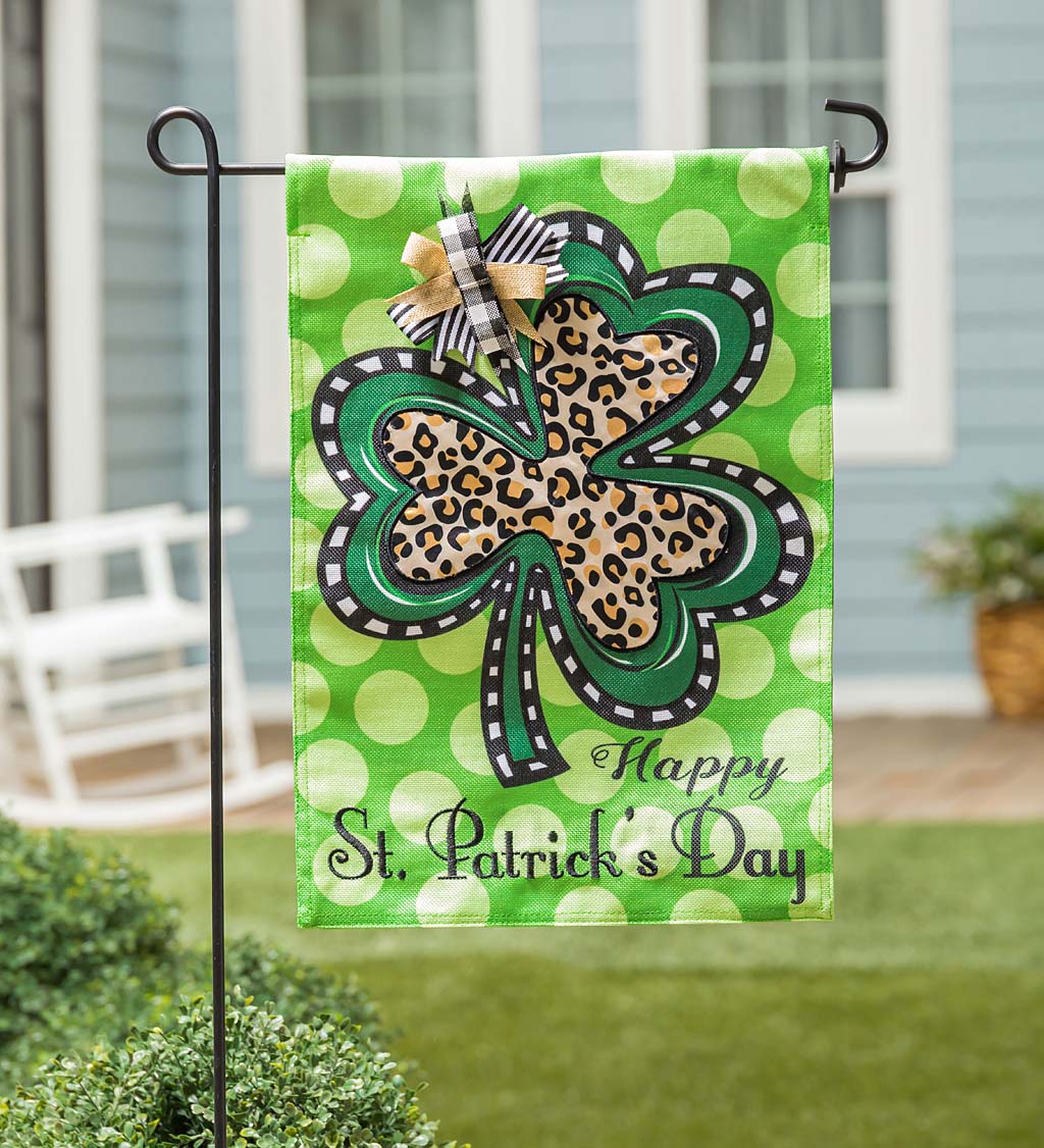 Animal Print Shamrock Burlap Garden Flag