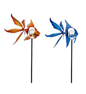 Solar Fish Wind Spinners with Glass Orb, Set of 2