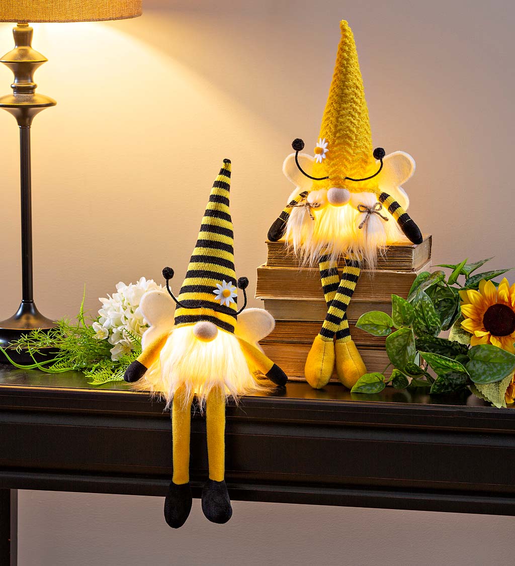 Sitting Bumblebee Gnomes with Lighted Body Table Décor, Set of 2