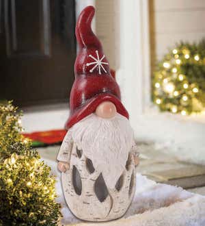Lighted Birch Garden Gnome With Pine Tree Hat