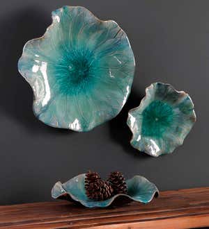 Blue Ceramic Flower Blooms Wall Art, Set of 3