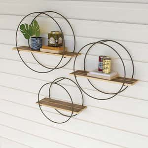 Recycled Wooden Shelves with Round Metal Frames, Set of 3