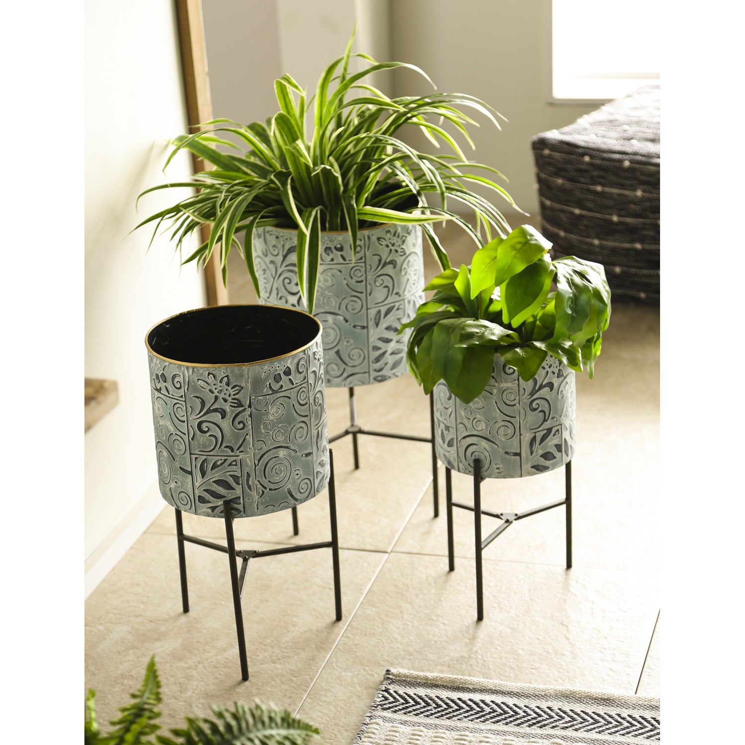 Embossed and Painted Metal Standing Planters, Set of 3