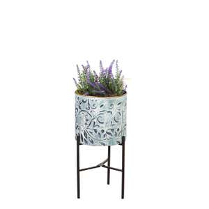 Embossed and Painted Metal Standing Planters, Set of 3