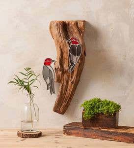 Stained Glass Woodpeckers on Teak Wood Wall Art