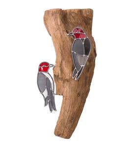 Stained Glass Woodpeckers on Teak Wood Wall Art