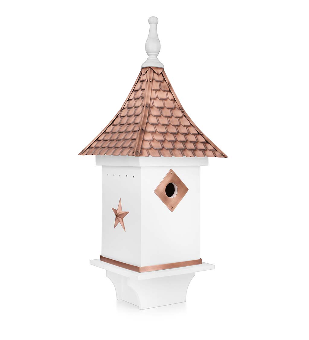 White Villa-Style Birdhouse with Hand-Hammered Copper Roof and Accents