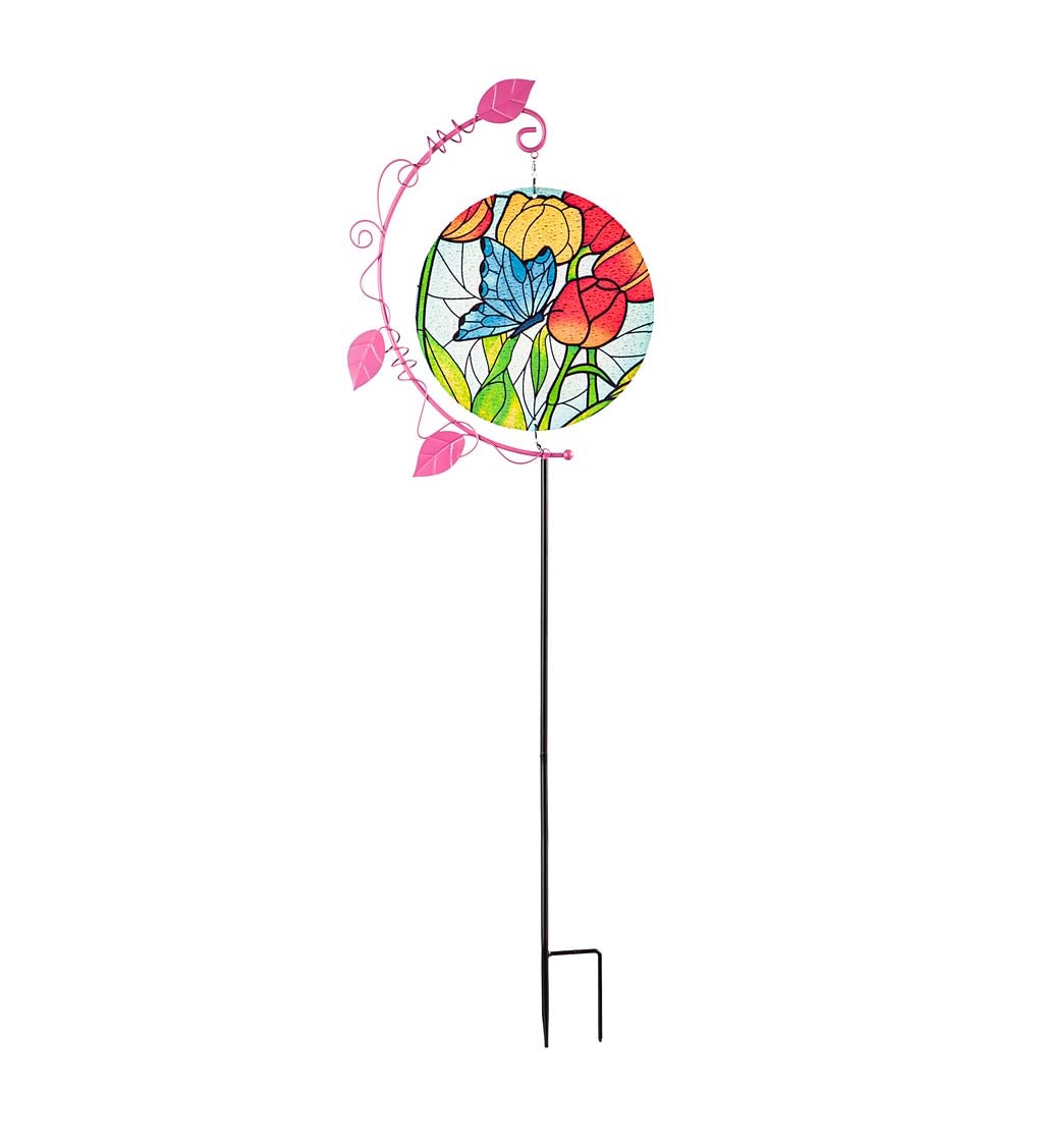 Spinning Butterfly and Red Tulips Stained Glass Garden Stake