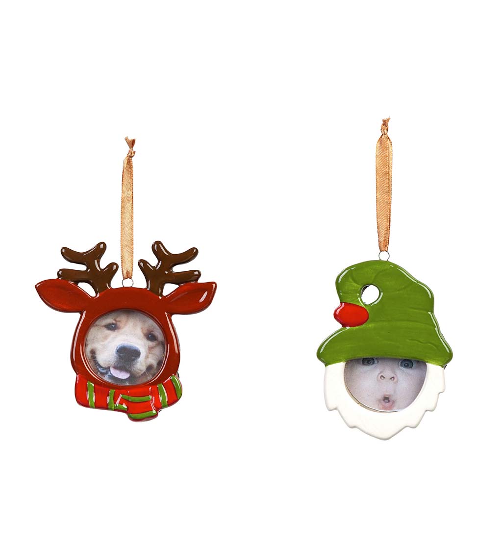 Ceramic Reindeer and Gnome Picture Frame Christmas Tree Ornaments, Set of 2
