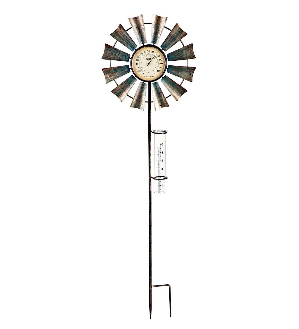 Bronze and Metallic Thermometer with Rain Gauge Windmill Spinner Stake