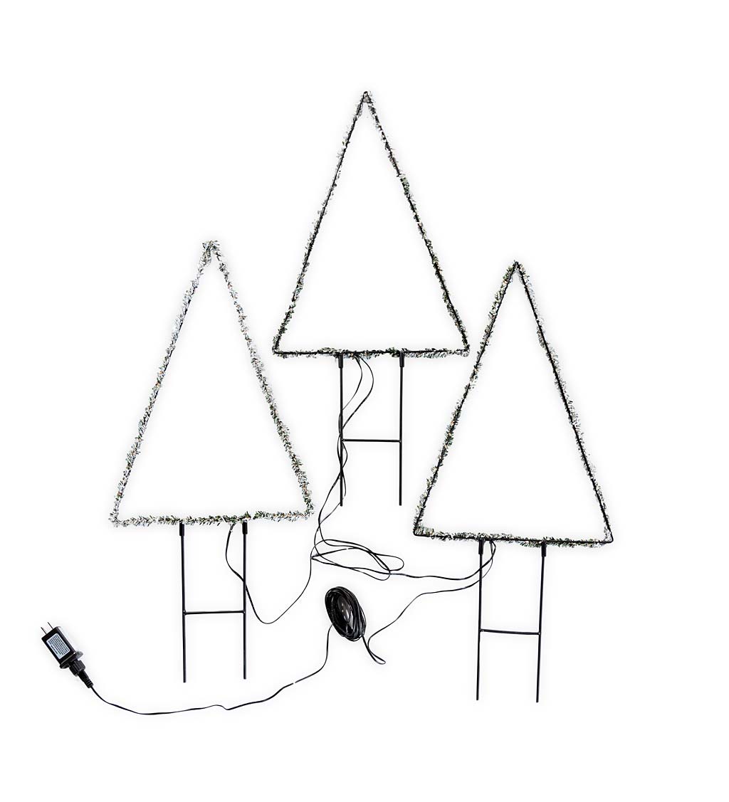 Indoor/Outdoor Electric Lighted Frosted Greens Holiday Trees, Set of 3