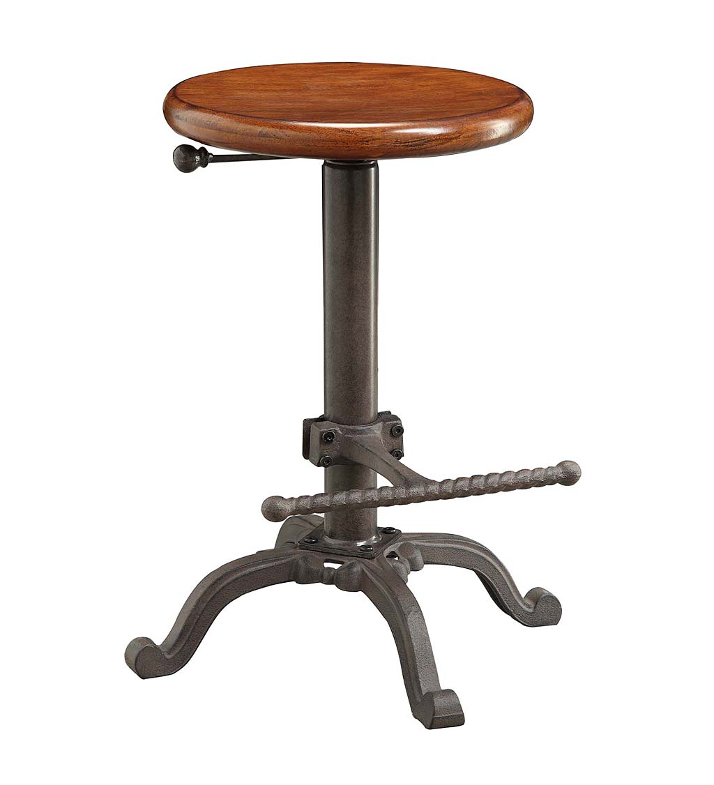 Industrial-Style Adjustable-Height Wood and Metal Stool - Chestnut