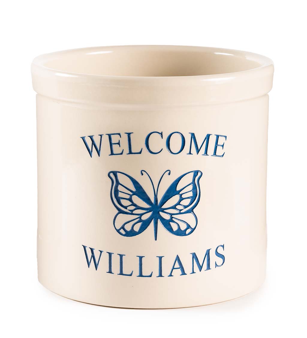 Personalized Stoneware Welcome Crock with Butterfly