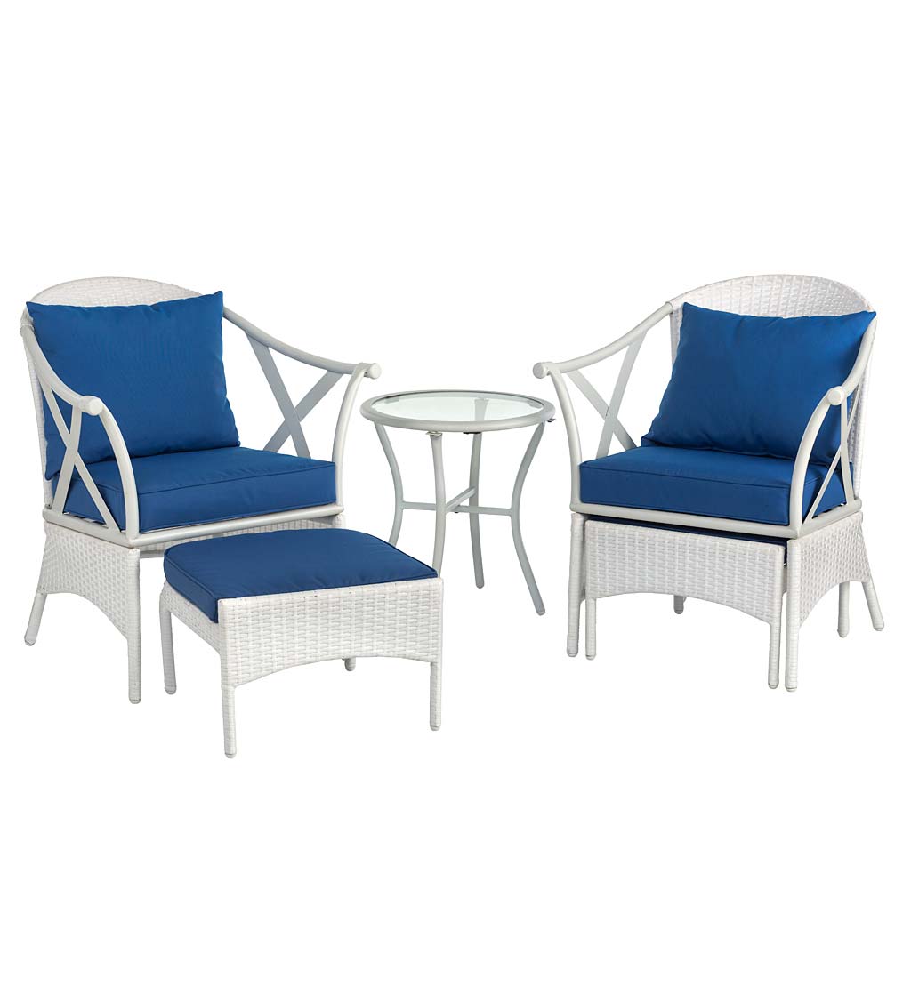 Five Piece White Wicker Patio Furniture Set with Cushions